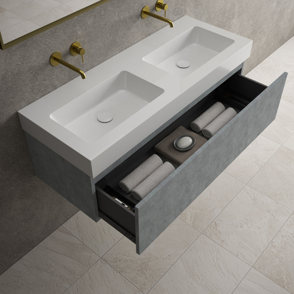 Raffinata One Drawer Vanity Unit With Beyondstone Double BLOC Basin - Light Concrete 1200mm