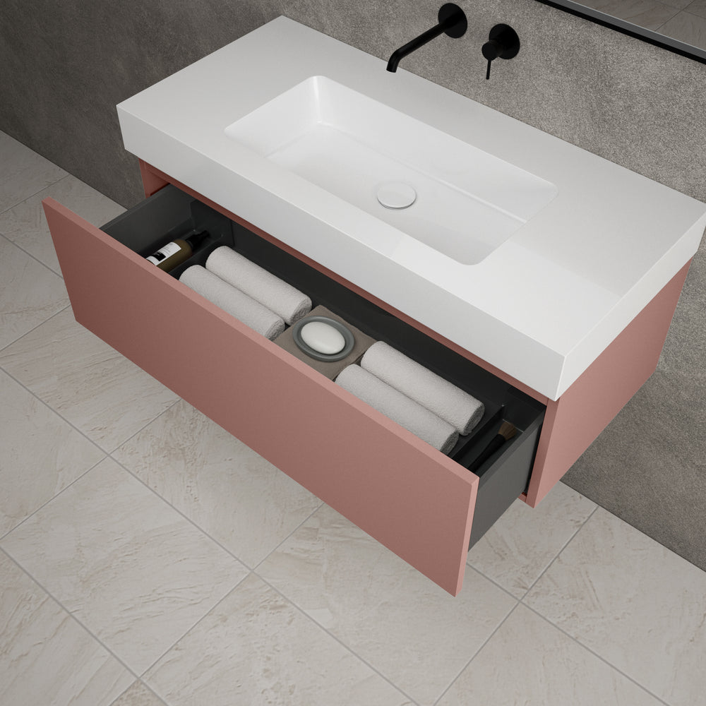 Raffinata One Drawer Vanity Unit With Beyondstone BLOC Basin - Matt Pink 1000mm