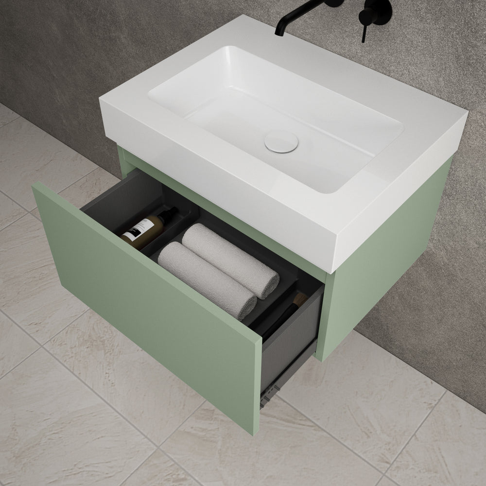 Raffinata One Drawer Vanity Unit  With Beyondstone BLOC Basin - Matt Light Green 600mm
