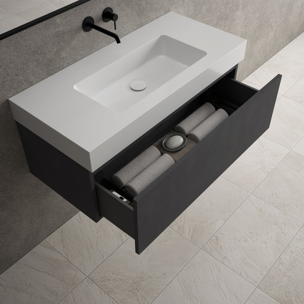 Raffinata One Drawer Vanity Unit With Beyondstone BLOC Basin - Dark Concrete 1000mm