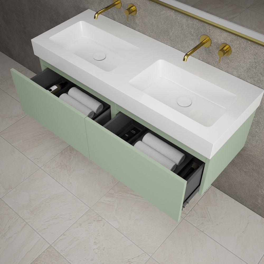 Raffinata Two Drawer Vanity Unit  With Beyondstone BLOC Double Basin - Matt Light Green 1200mm