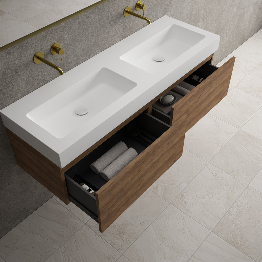 Raffinata Two Drawer Vanity Unit With Beyondstone BLOC Double Basin - Oak 1400mm