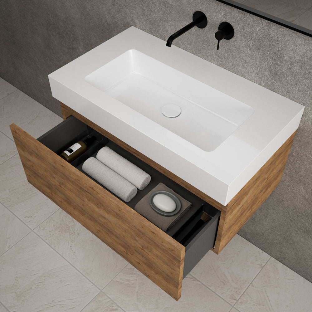 Raffinata One Drawer Vanity Unit With Beyondstone BLOC Basin - Oak 800mm