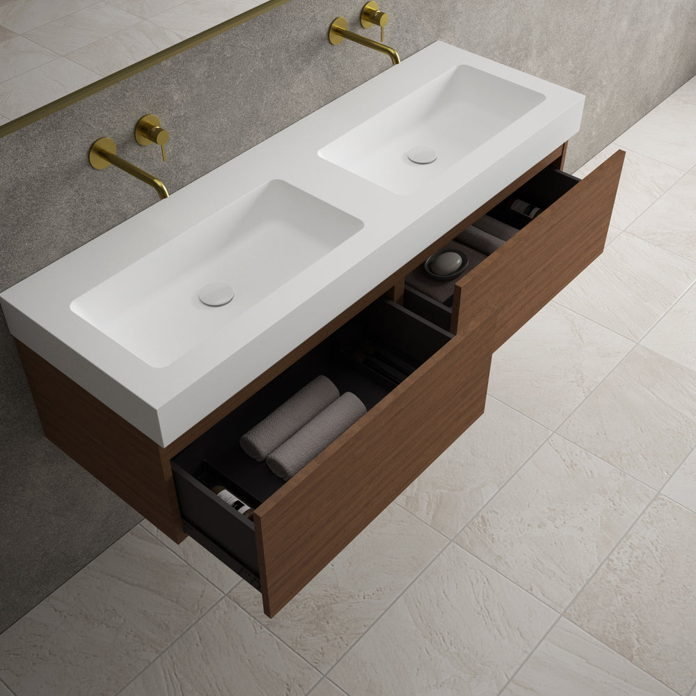 Raffinata Two Drawer Vanity Unit With Beyondstone BLOC Double Basin - Walnut 1400mm