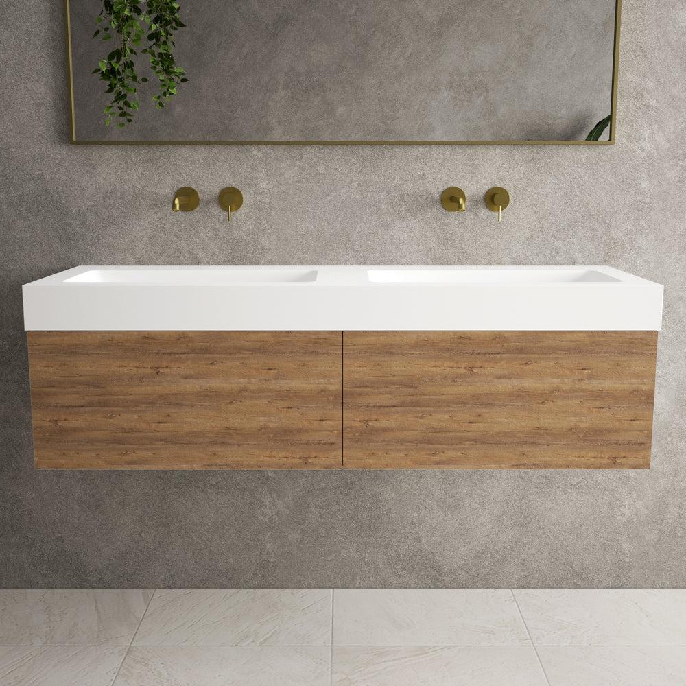 Raffinata Two Drawer Vanity Unit With Beyondstone BLOC Double Basin - Oak 1400mm