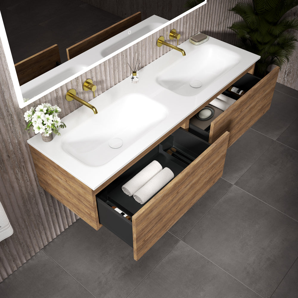 Raffinata Two Drawer Vanity Unit With Beyondstone Double Basin - Oak 1400mm