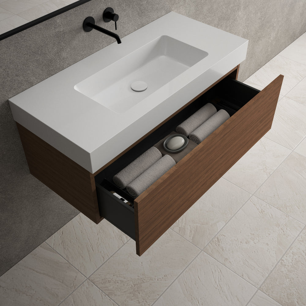 Raffinata One Drawer Vanity Unit With Beyondstone BLOC Basin - Walnut 1000mm