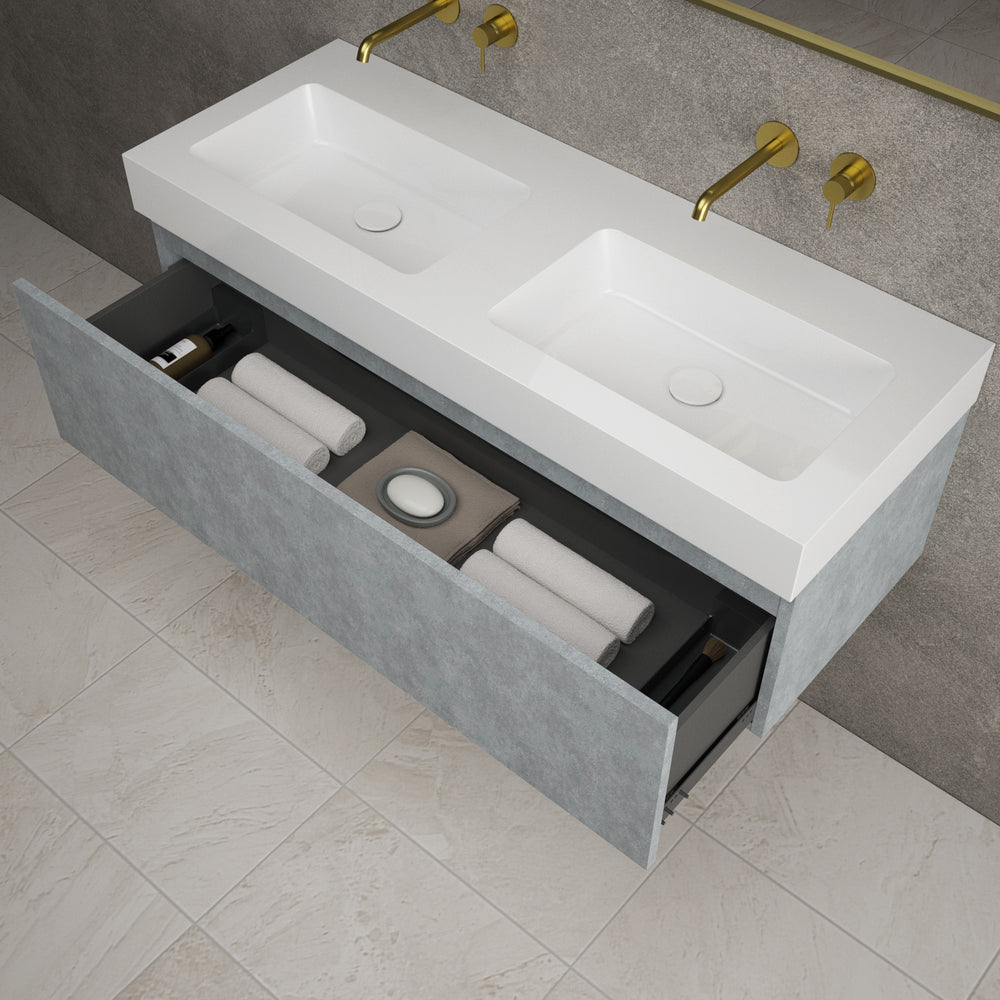 Raffinata One Drawer Vanity Unit With Beyondstone Double BLOC Basin - Light Concrete 1200mm