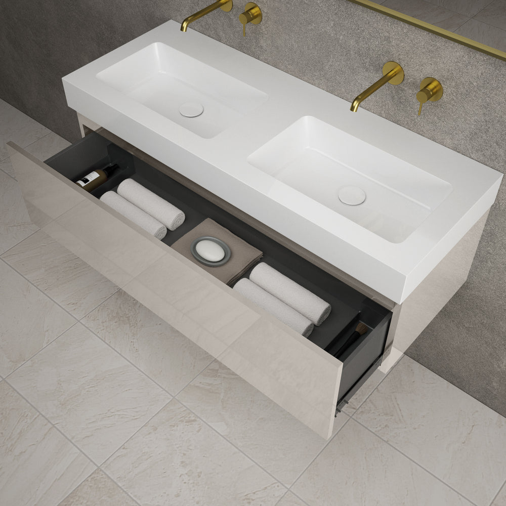 Raffinata One Drawer Vanity Unit With Beyondstone Double BLOC Basin - Gloss Cashmere 1200mm