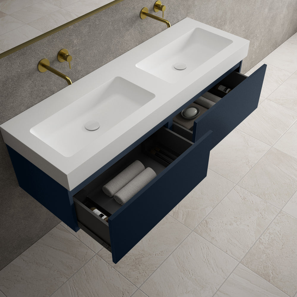 Raffinata Two Drawer Vanity Unit With Beyondstone BLOC Double Basin - Matt Indigo 1400mm