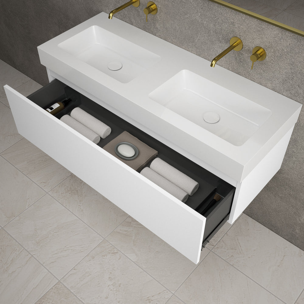 Raffinata One Drawer Vanity Unit With Beyondstone Double BLOC Basin - Matt White 1200mm