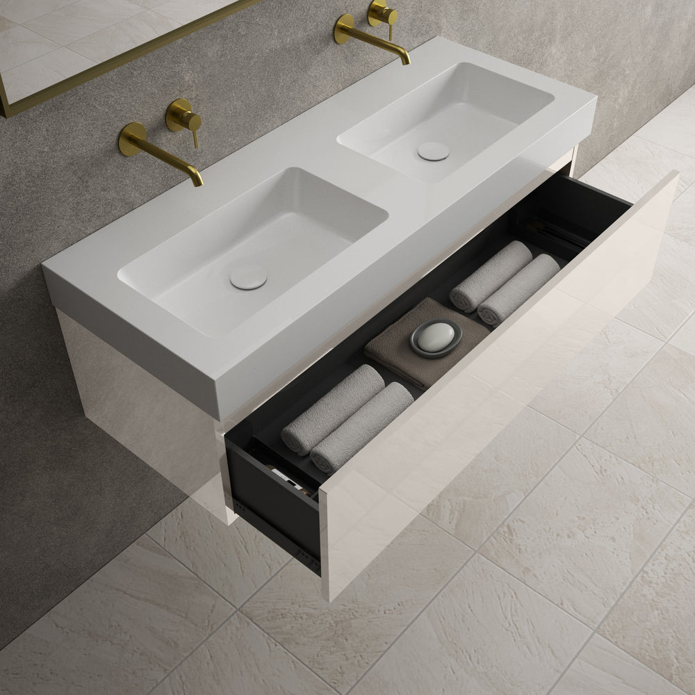 Raffinata One Drawer Vanity Unit With Beyondstone Double BLOC Basin - Gloss Cashmere 1200mm