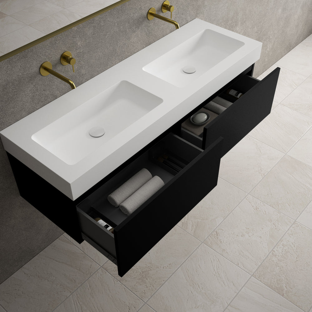 Raffinata Two Drawer Vanity Unit With Beyondstone BLOC Double Basin - Matt Black 1400mm