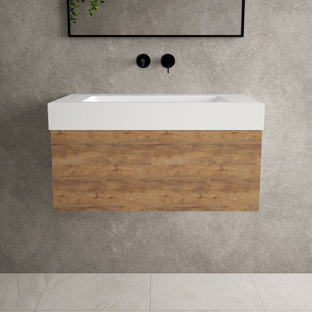 Raffinata One Drawer Vanity Unit With Beyondstone BLOC Basin - Oak 800mm image