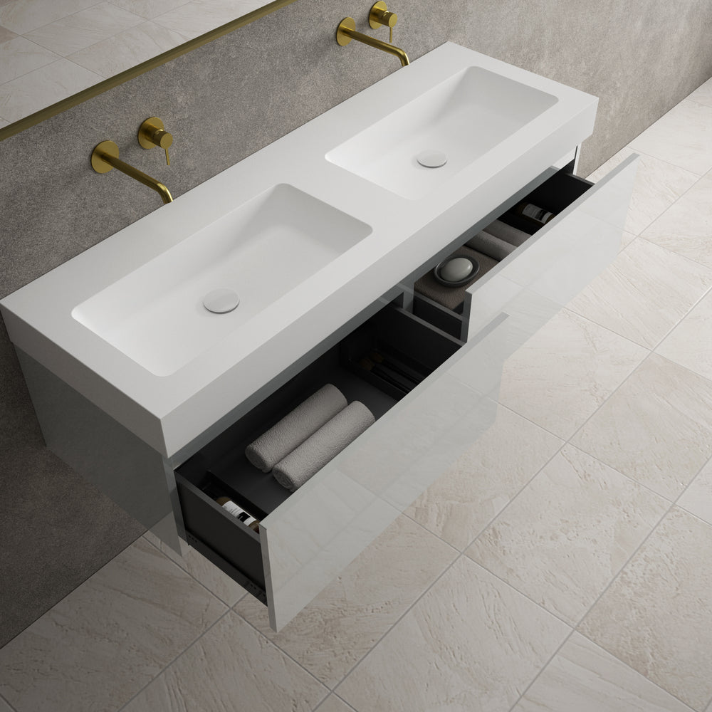 Raffinata Two Drawer Vanity Unit With Beyondstone BLOC Double Basin - Gloss Dove 1400mm