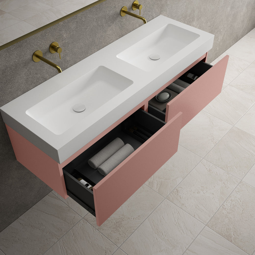 Raffinata Two Drawer Vanity Unit With Beyondstone BLOC Double Basin - Matt Pink 1400mm