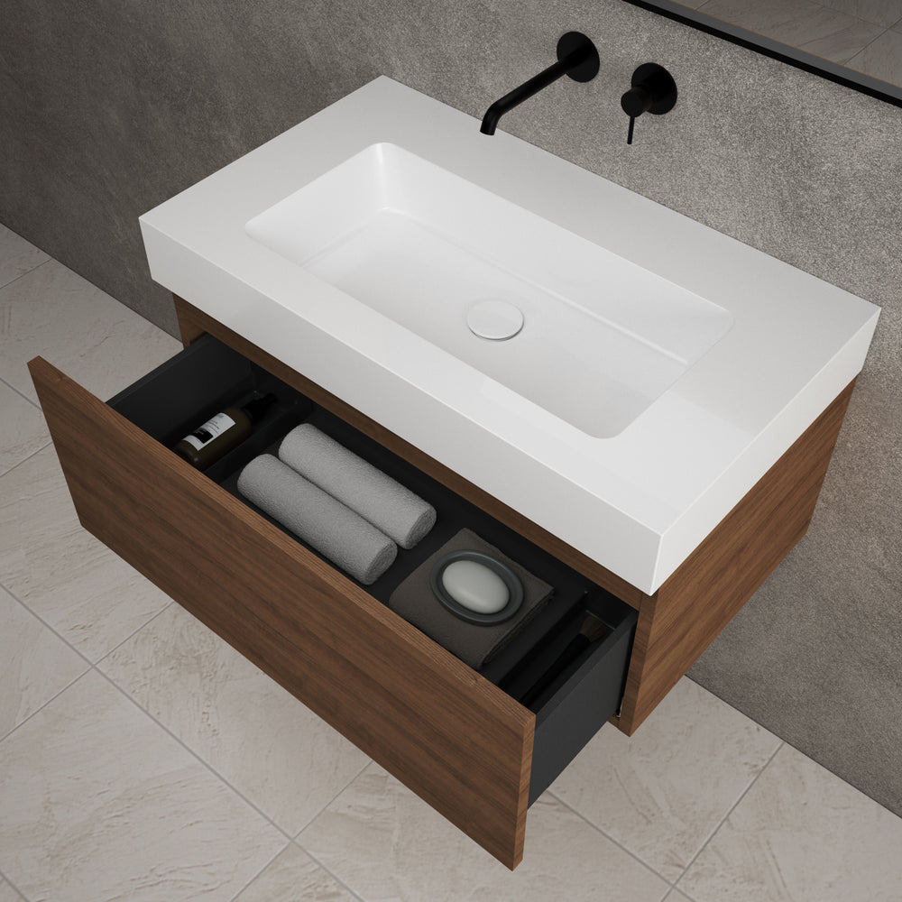 Raffinata One Drawer Vanity Unit With Beyondstone BLOC Basin - Walnut 800mm