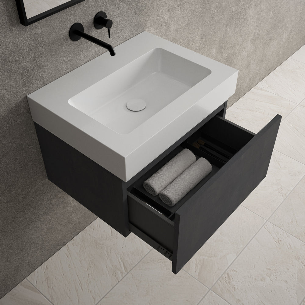 Raffinata One Drawer Vanity Unit With Beyondstone BLOC Basin - Dark Concrete 600mm