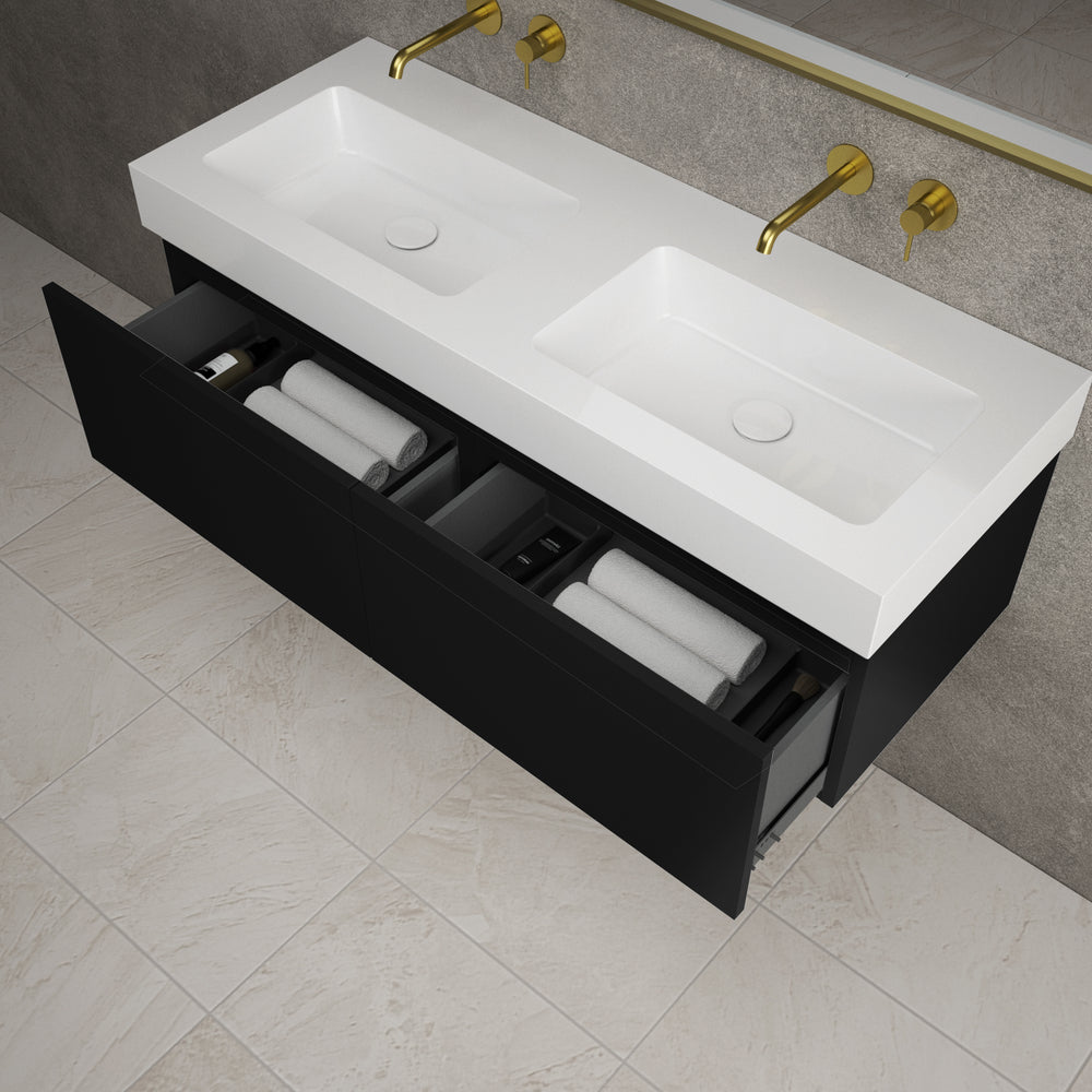 Raffinata Two Drawer Vanity Unit  With Beyondstone BLOC Double Basin - Matt Black 1200mm