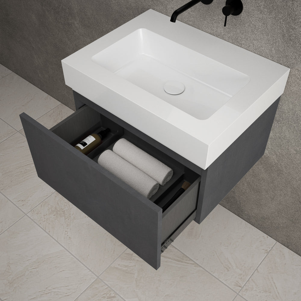 Raffinata One Drawer Vanity Unit With Beyondstone BLOC Basin - Dark Concrete 600mm
