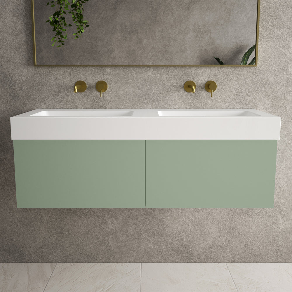 Raffinata Two Drawer Vanity Unit  With Beyondstone BLOC Double Basin - Matt Light Green 1200mm