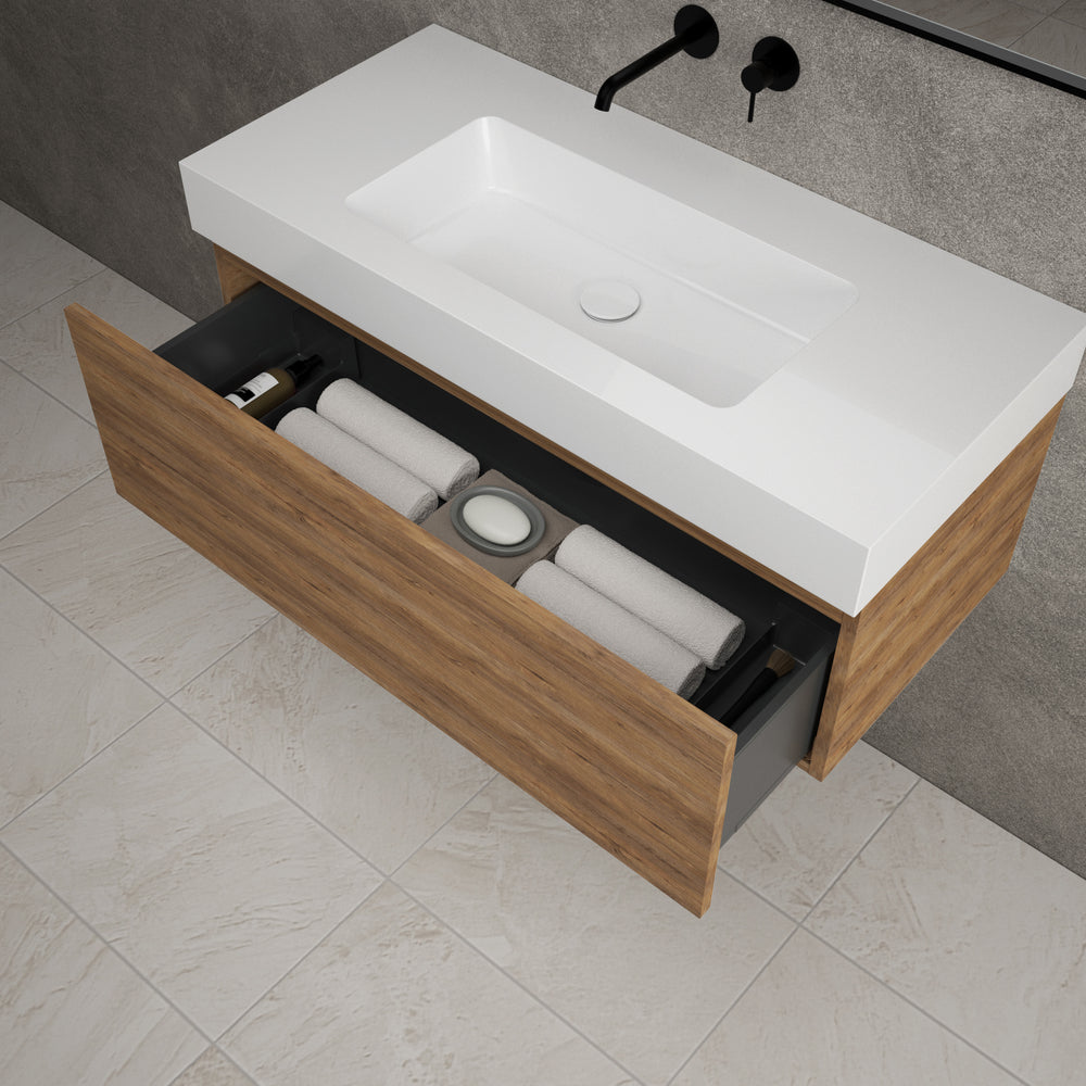 Raffinata One Drawer Vanity Unit With Beyondstone BLOC Basin - Oak 1000mm