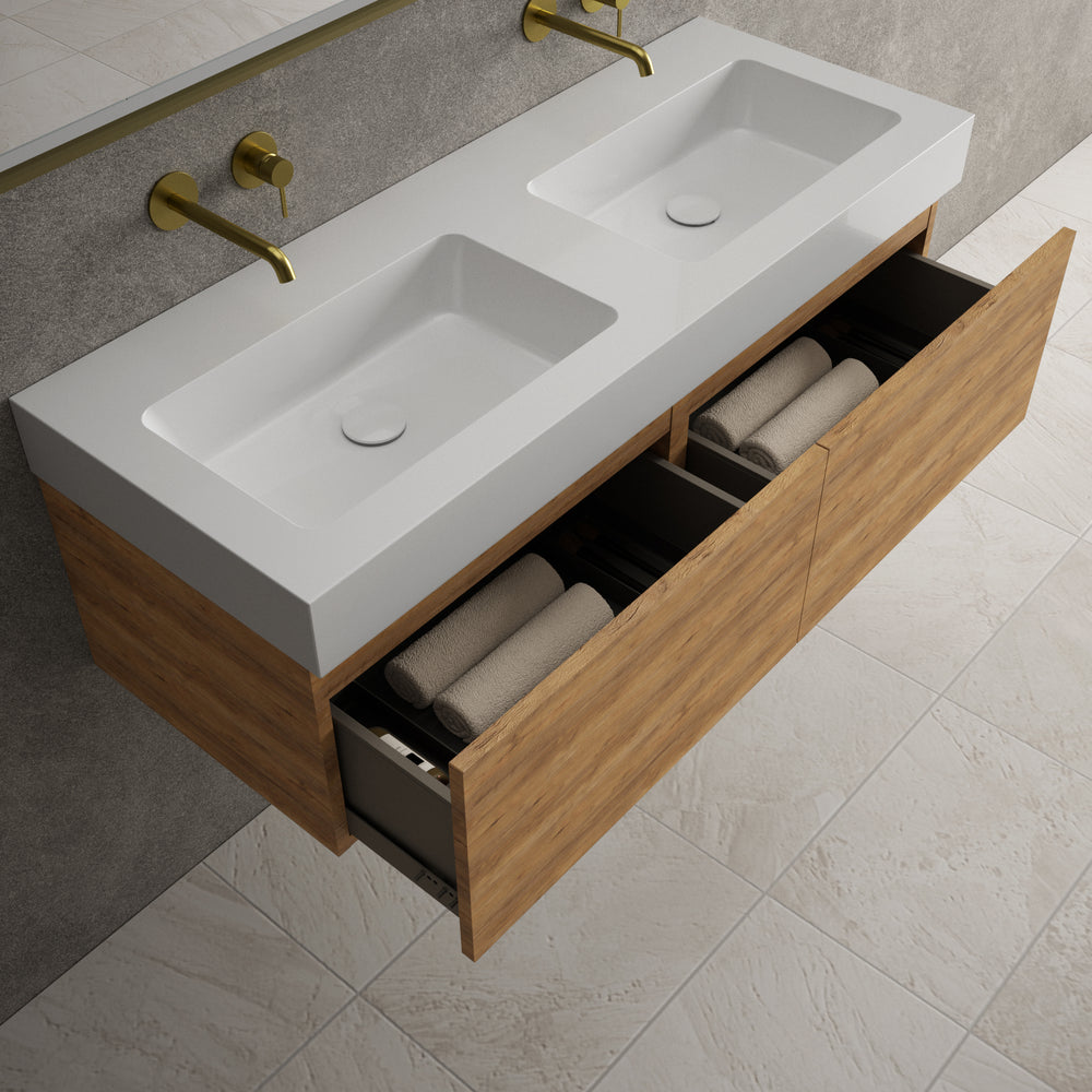 Raffinata Two Drawer Vanity Unit  With Beyondstone BLOC Double Basin - Oak 1200mm