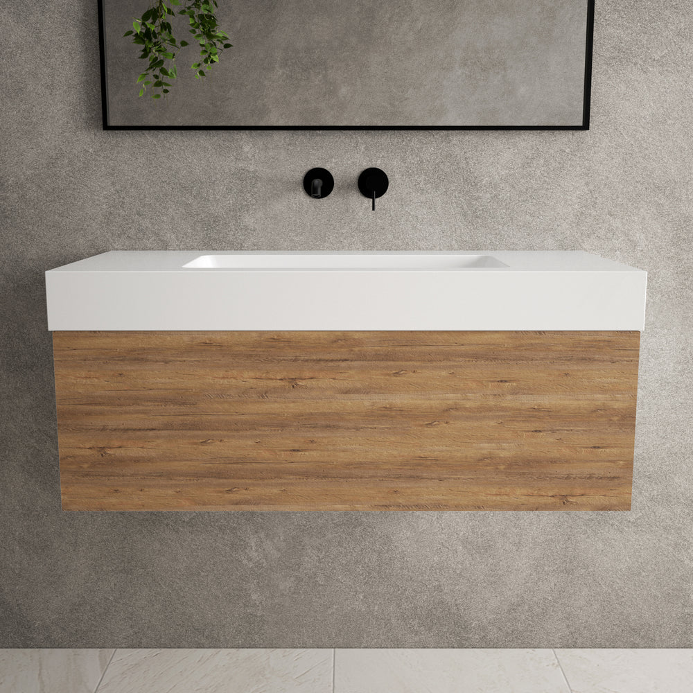 Raffinata One Drawer Vanity Unit With Beyondstone BLOC Basin - Oak 1000mm image