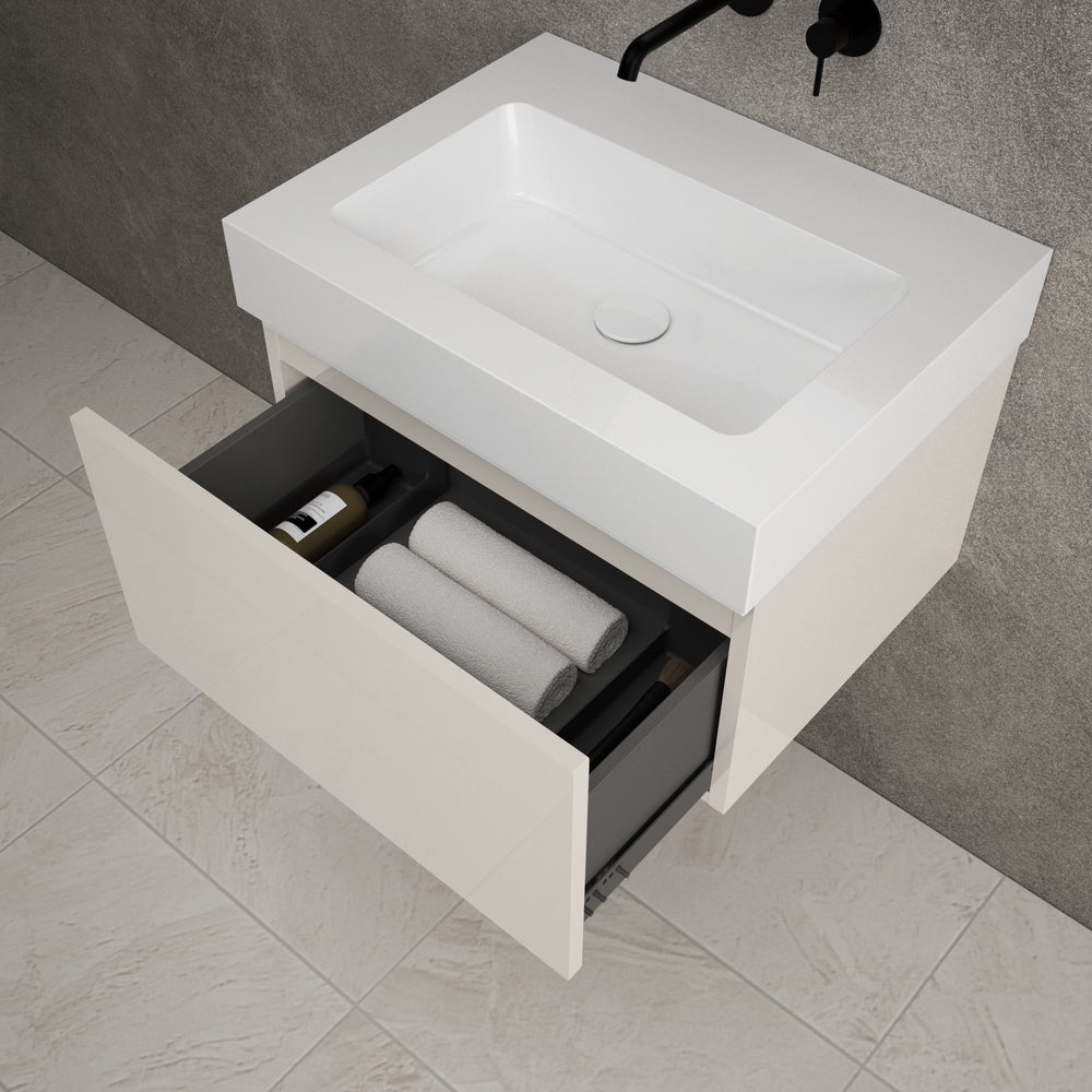 Raffinata One Drawer Vanity Unit  With Beyondstone BLOC Basin - Gloss Cashmere 600mm
