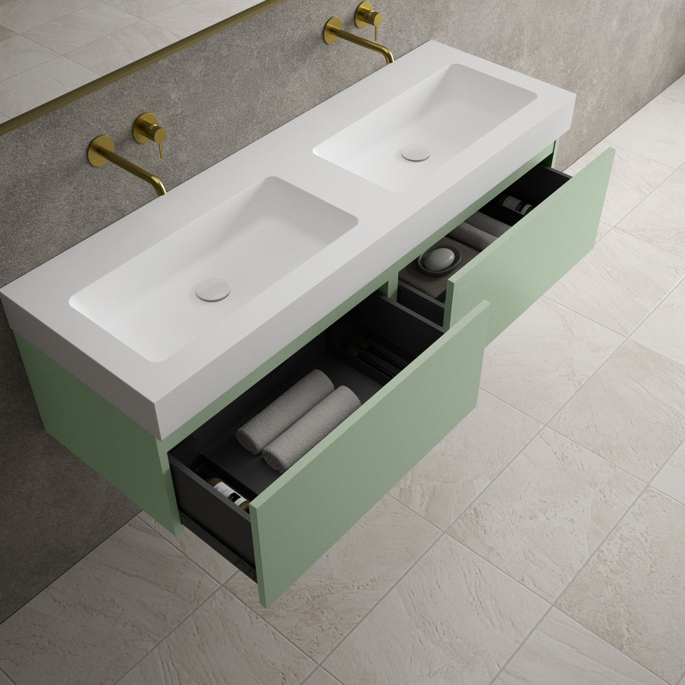 Raffinata Two Drawer Vanity Unit With Beyondstone BLOC Double Basin - Matt Light Green 1400mm