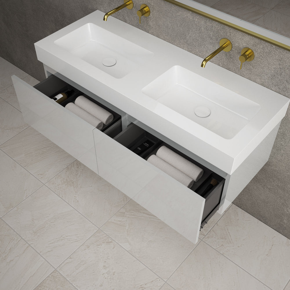 Raffinata Two Drawer Vanity Unit  With Beyondstone BLOC Double Basin - Gloss Dove 1200mm