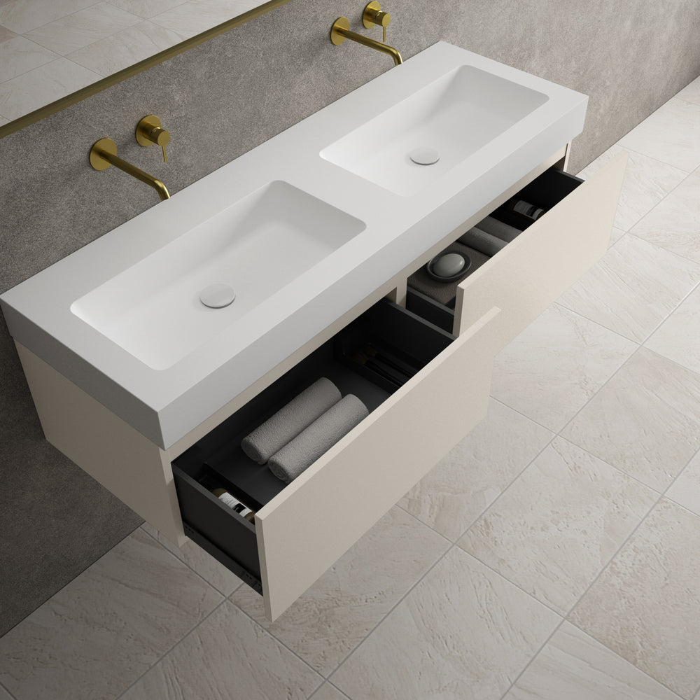 Raffinata Two Drawer Vanity Unit With Beyondstone BLOC Double Basin - Matt Cashmere 1400mm