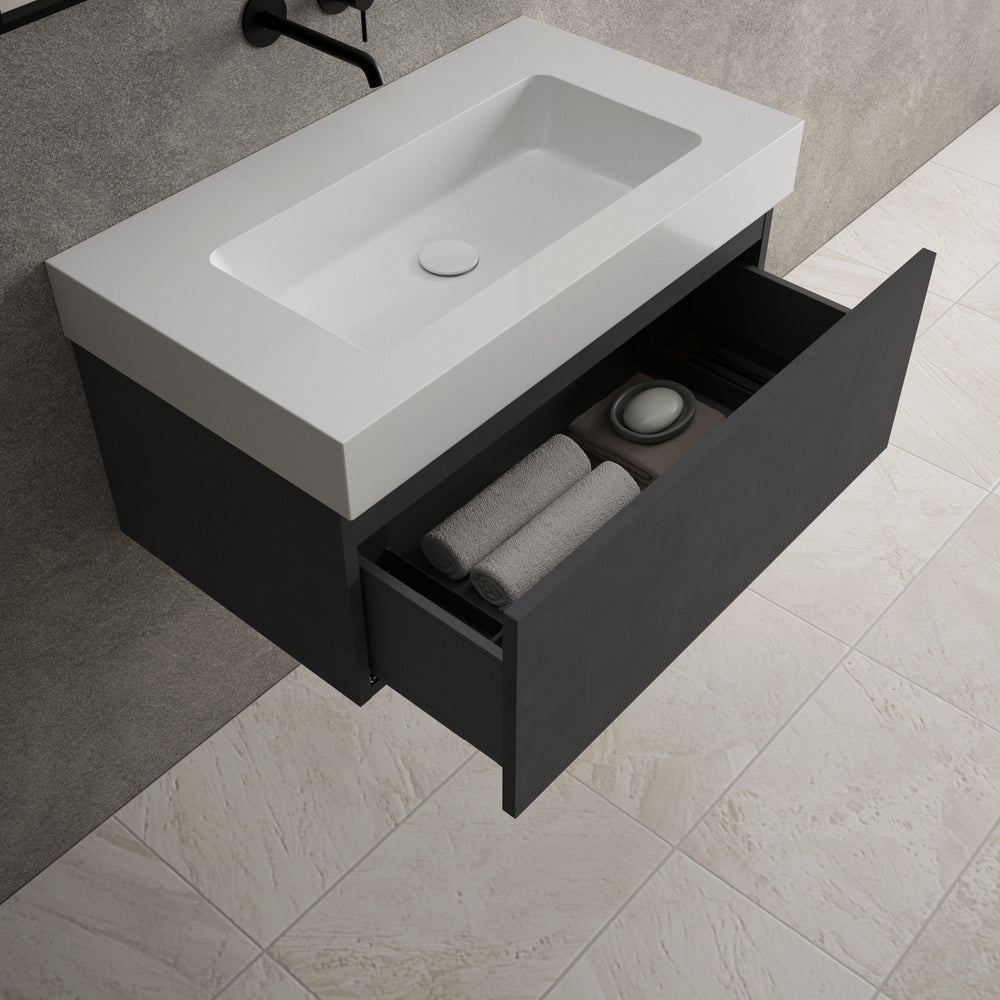 Raffinata One Drawer Vanity Unit With Beyondstone BLOC Basin - Dark Concrete 800mm