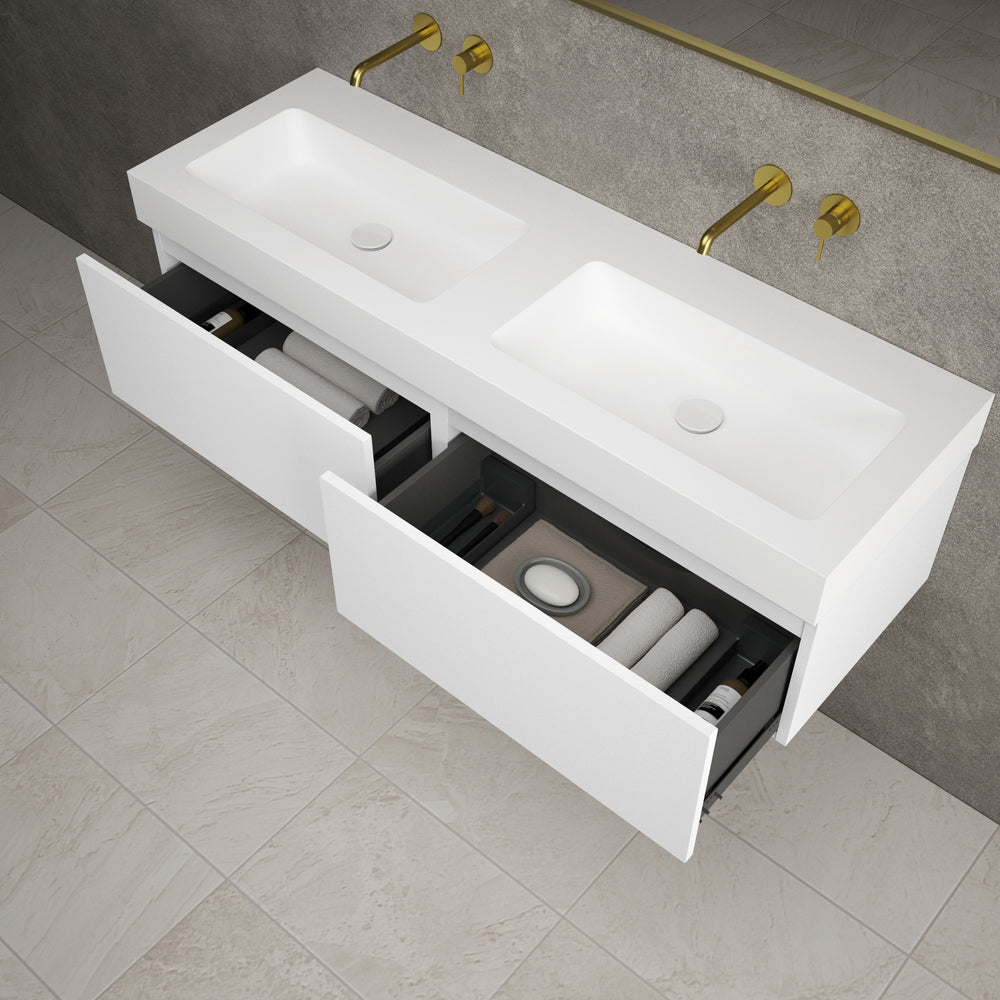 Raffinata Two Drawer Vanity Unit With Beyondstone BLOC Double Basin - Matt White 1400mm