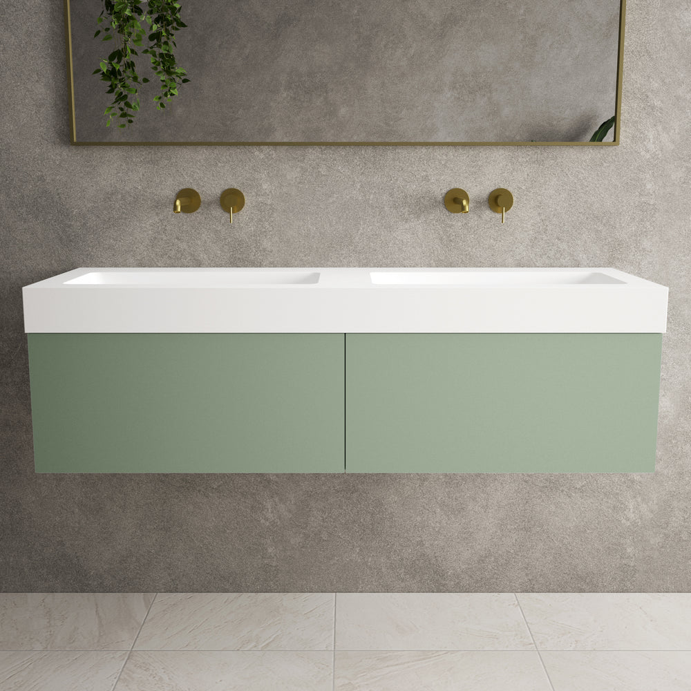Raffinata Two Drawer Vanity Unit With Beyondstone BLOC Double Basin - Matt Light Green 1400mm