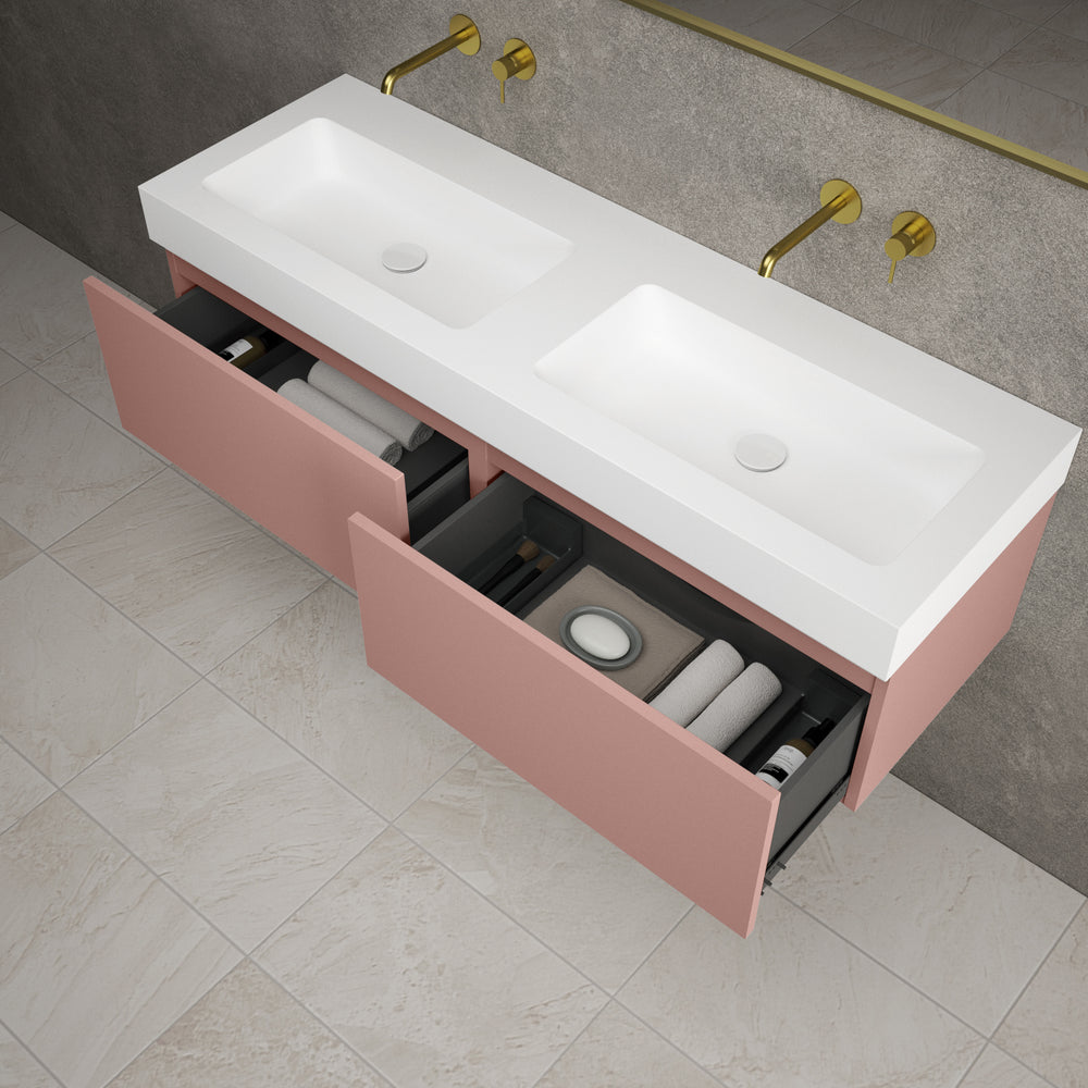 Raffinata Two Drawer Vanity Unit With Beyondstone BLOC Double Basin - Matt Pink 1400mm