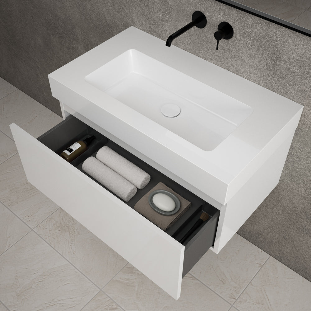 Raffinata One Drawer Vanity Unit With Beyondstone BLOC Basin - Gloss White 800mm