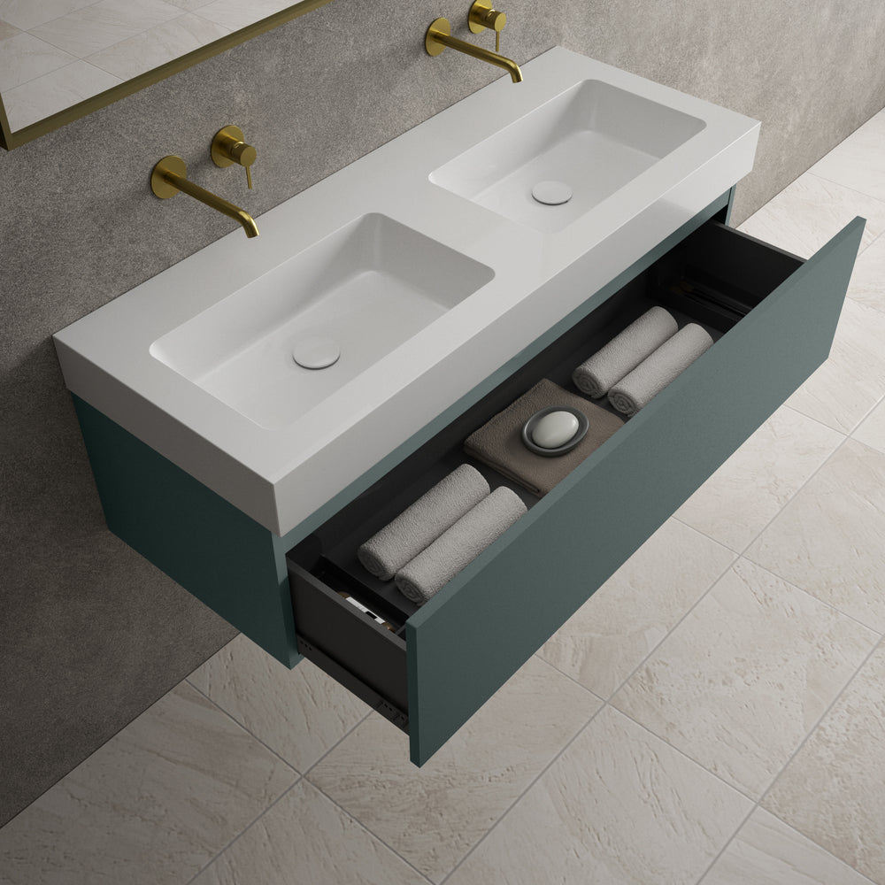 Raffinata One Drawer Vanity Unit With Beyondstone Double BLOC Basin - Matt Dark Green 1200mm