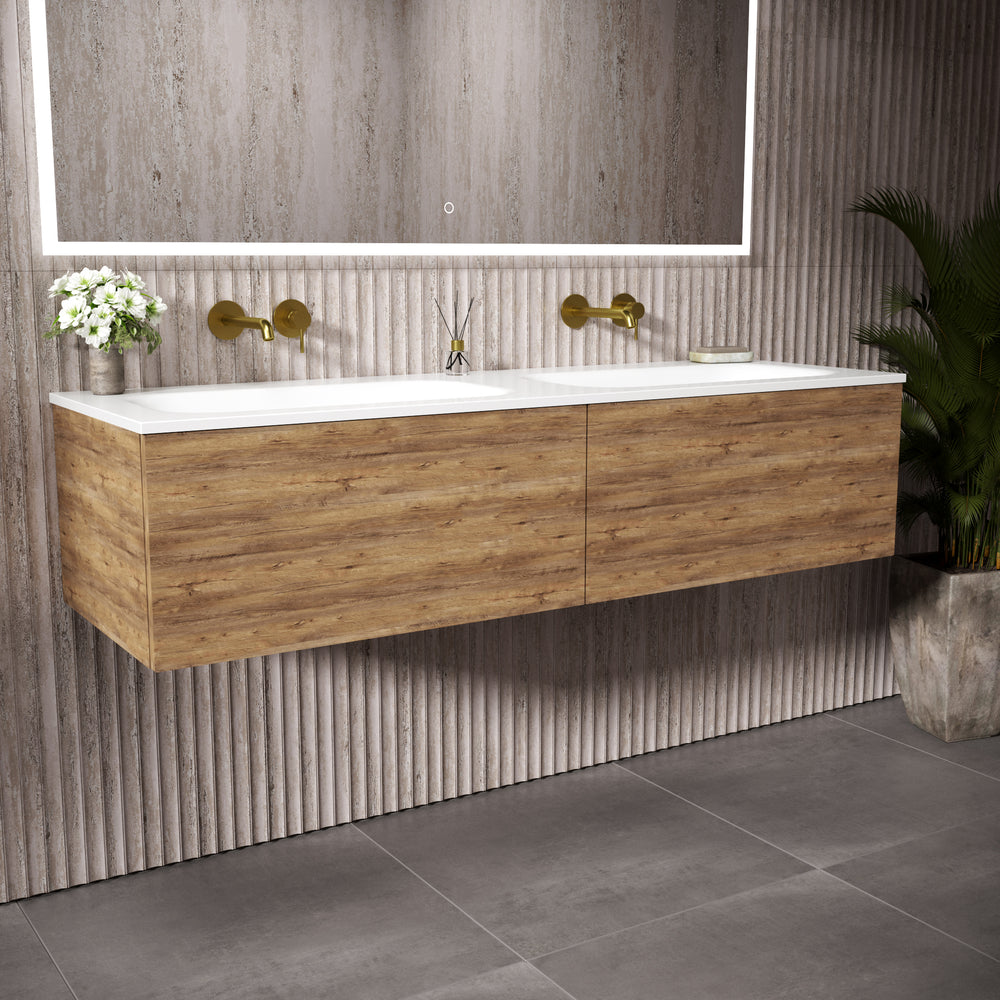 Raffinata Two Drawer Vanity Unit With Beyondstone Double Basin - Oak 1400mm