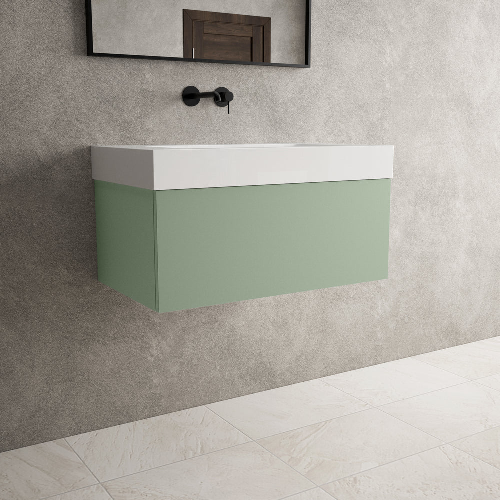 Raffinata One Drawer Vanity Unit With Beyondstone BLOC Basin - Matt Light Green 800mm
