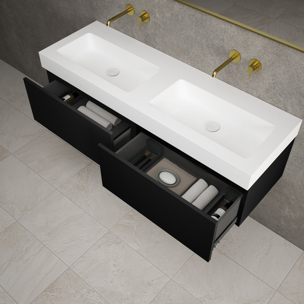 Raffinata Two Drawer Vanity Unit With Beyondstone BLOC Double Basin - Matt Black 1400mm