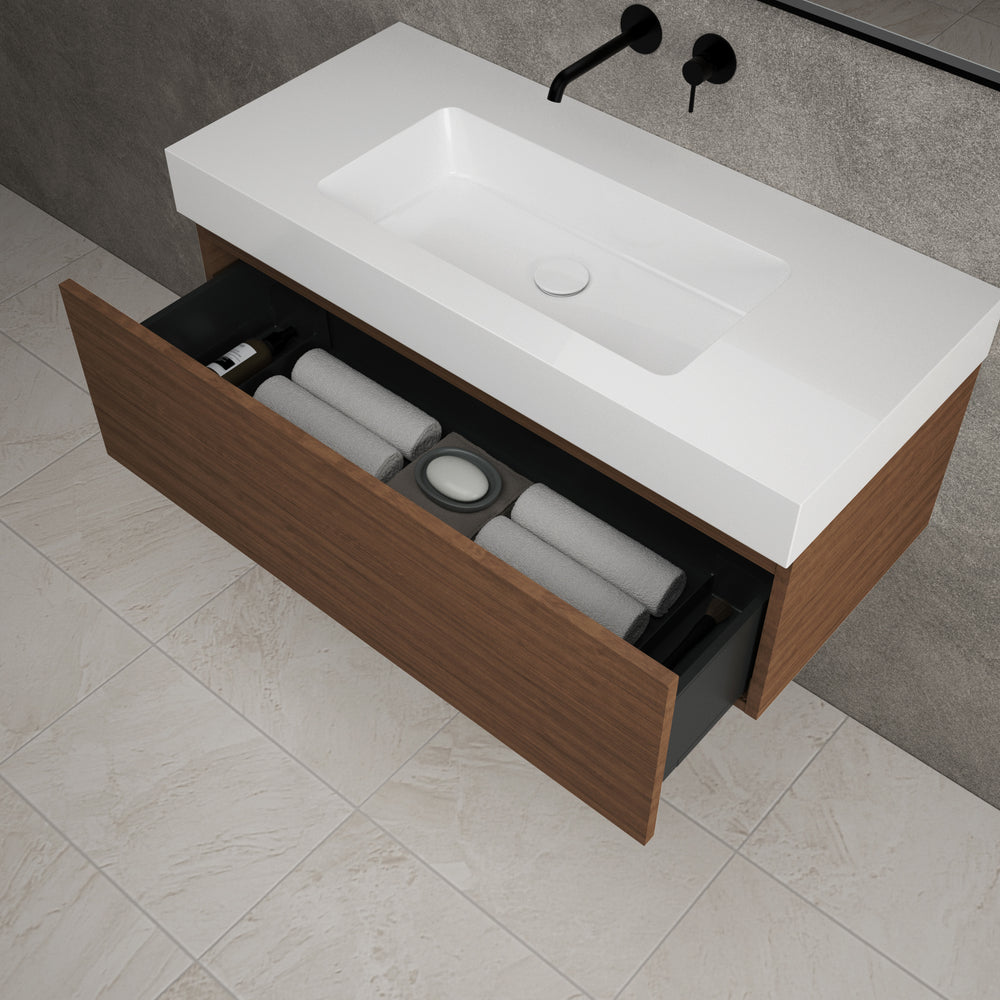 Raffinata One Drawer Vanity Unit With Beyondstone BLOC Basin - Walnut 1000mm