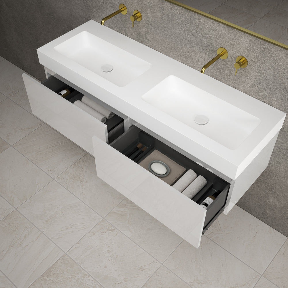 Raffinata Two Drawer Vanity Unit With Beyondstone BLOC Double Basin - Gloss White 1400mm