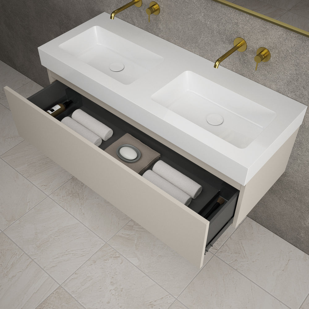 Raffinata One Drawer Vanity Unit With Beyondstone Double BLOC Basin - Matt Cashmere 1200mm