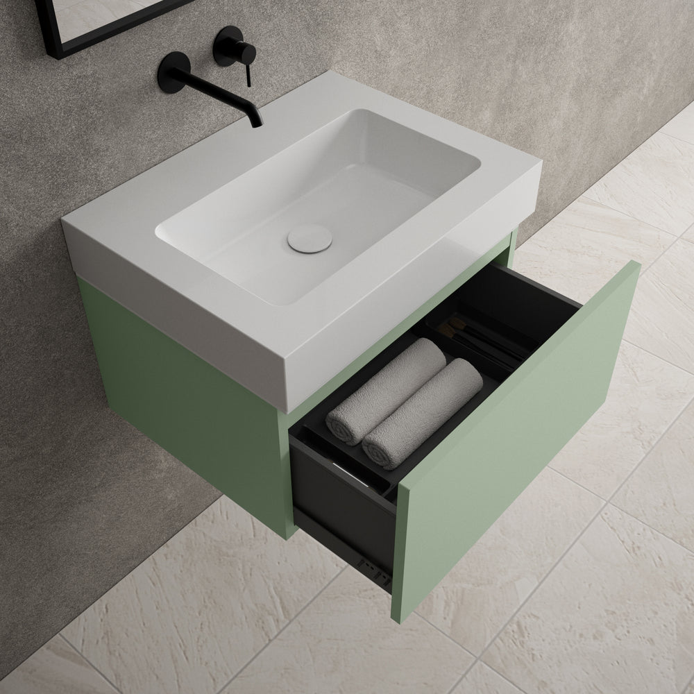 Raffinata One Drawer Vanity Unit  With Beyondstone BLOC Basin - Matt Light Green 600mm