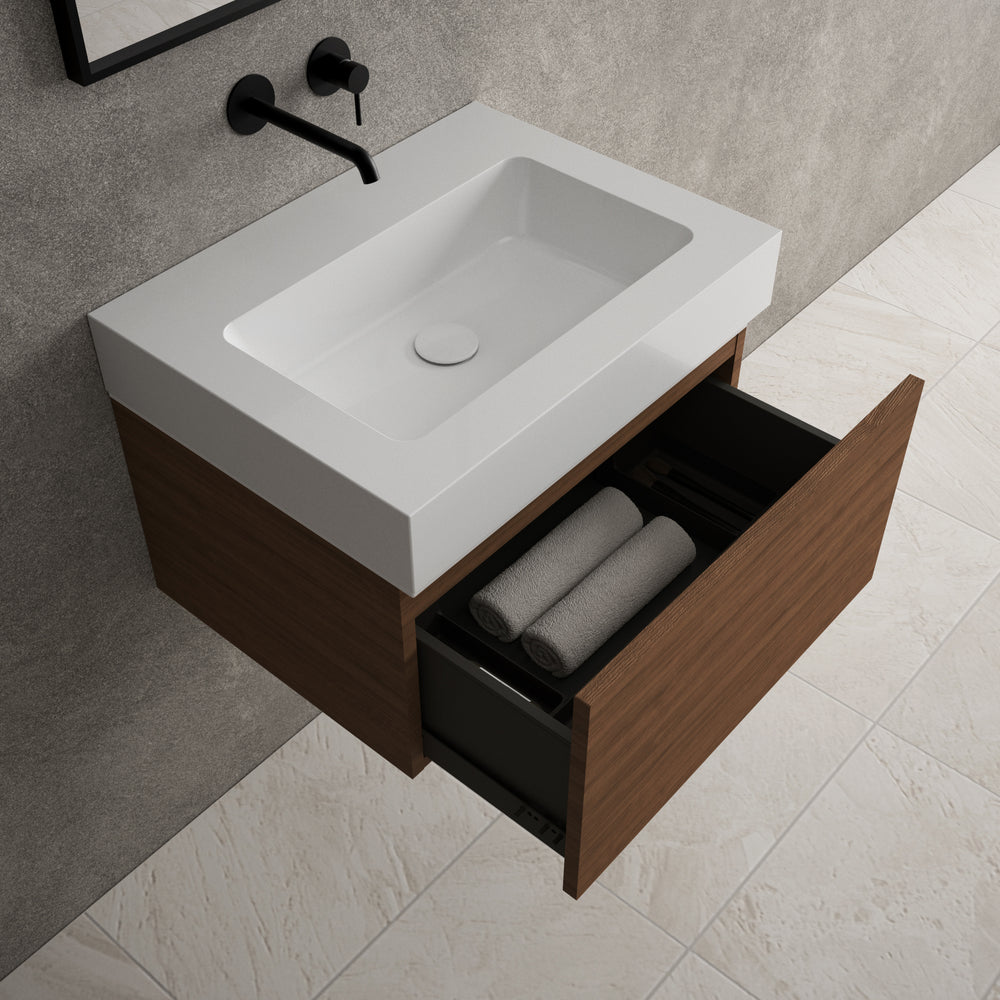 Raffinata One Drawer Vanity Unit  With Beyondstone BLOC Basin - Walnut 600mm