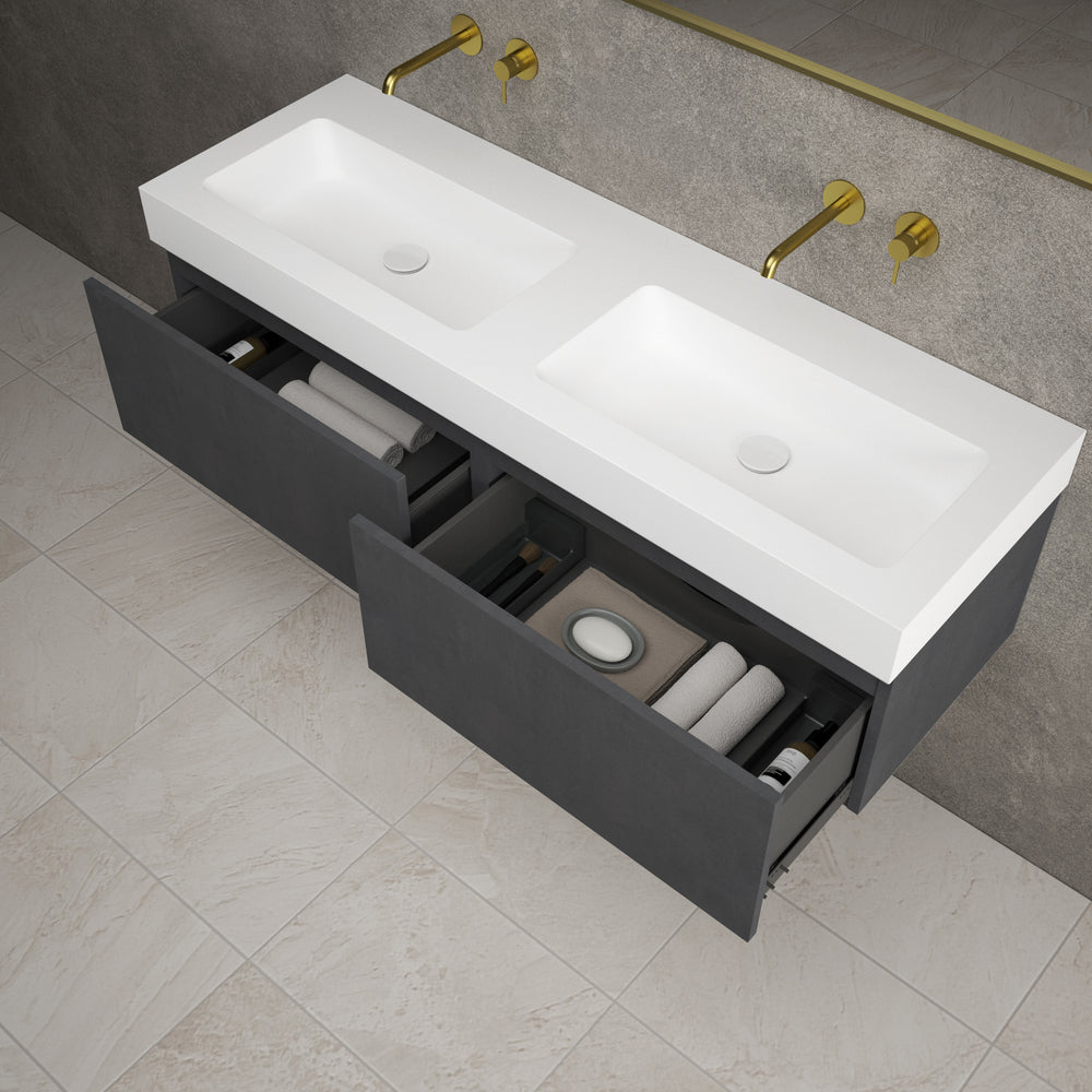Raffinata Two Drawer Vanity Unit With Beyondstone BLOC Double Basin - Dark Concrete 1400mm