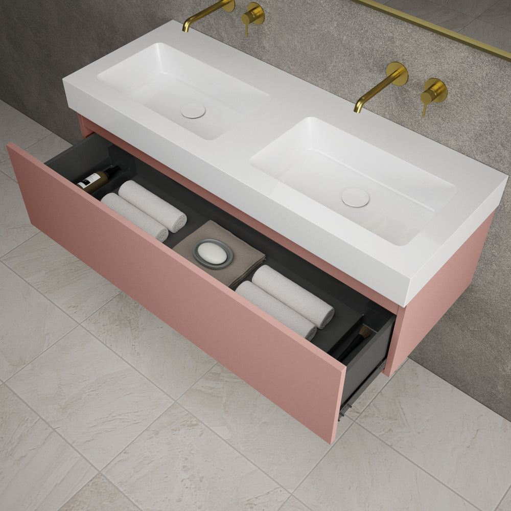 Raffinata One Drawer Vanity Unit With Beyondstone Double BLOC Basin - Matt Pink 1200mm