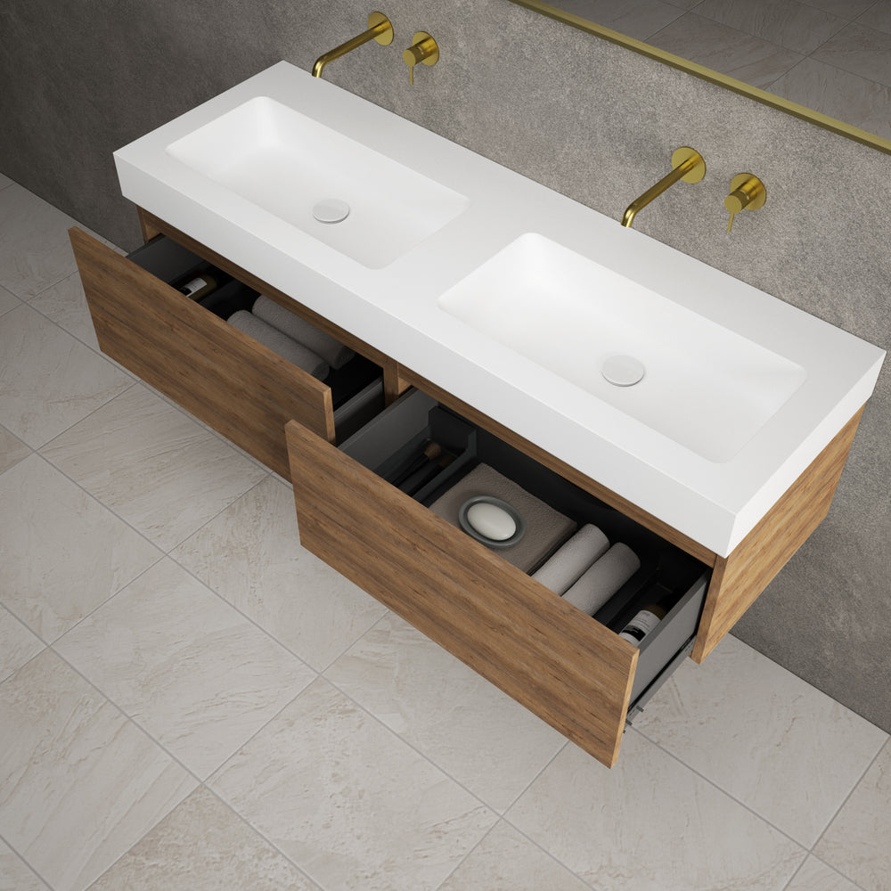 Raffinata Two Drawer Vanity Unit With Beyondstone BLOC Double Basin - Oak 1400mm