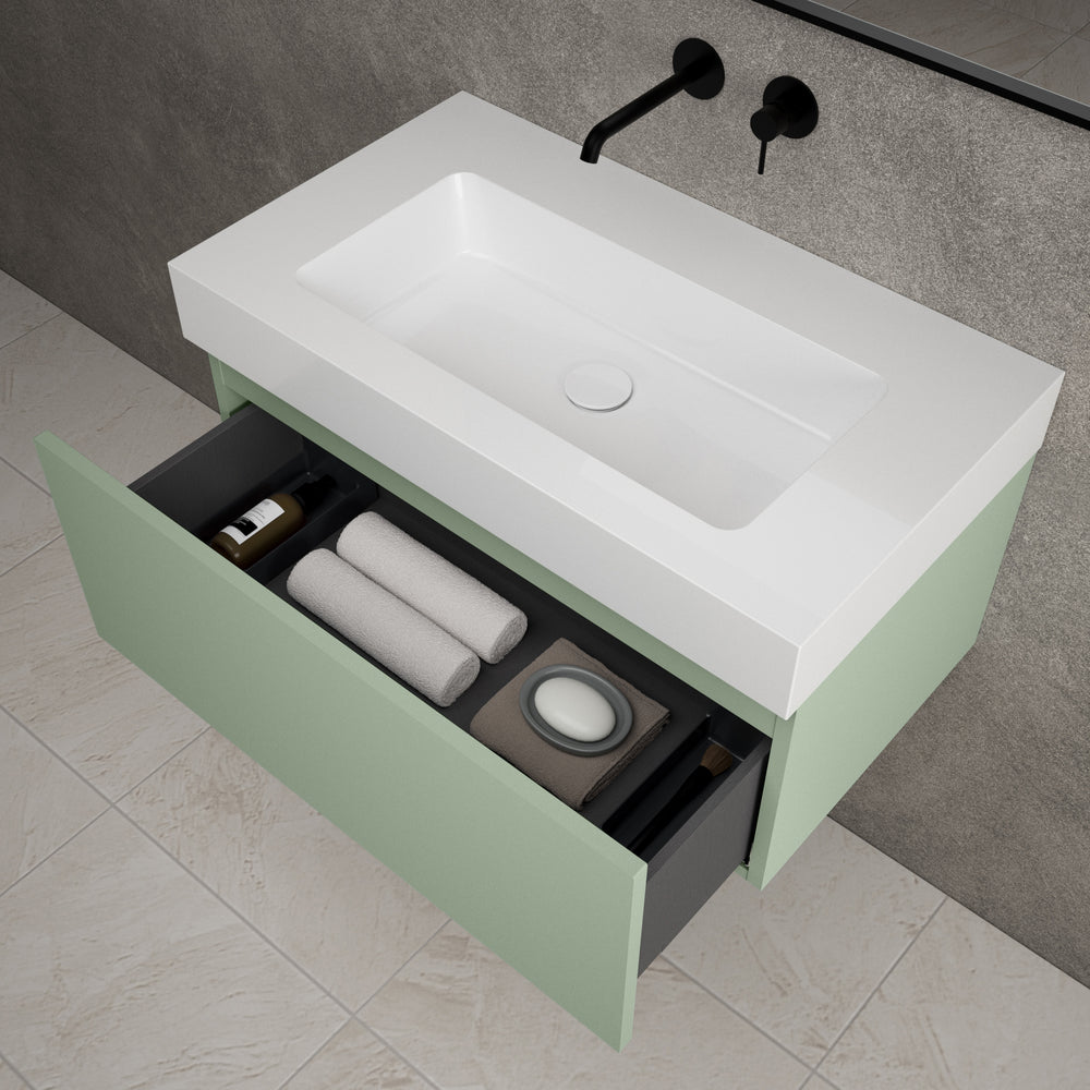 Raffinata One Drawer Vanity Unit With Beyondstone BLOC Basin - Matt Light Green 800mm